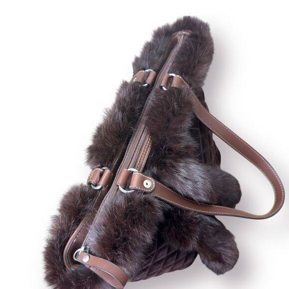 Y2k Fur Trim Quilted Brown Bag Purse Custom Cozy Chic Old Money Elegant Winter - Picture 7 of 12